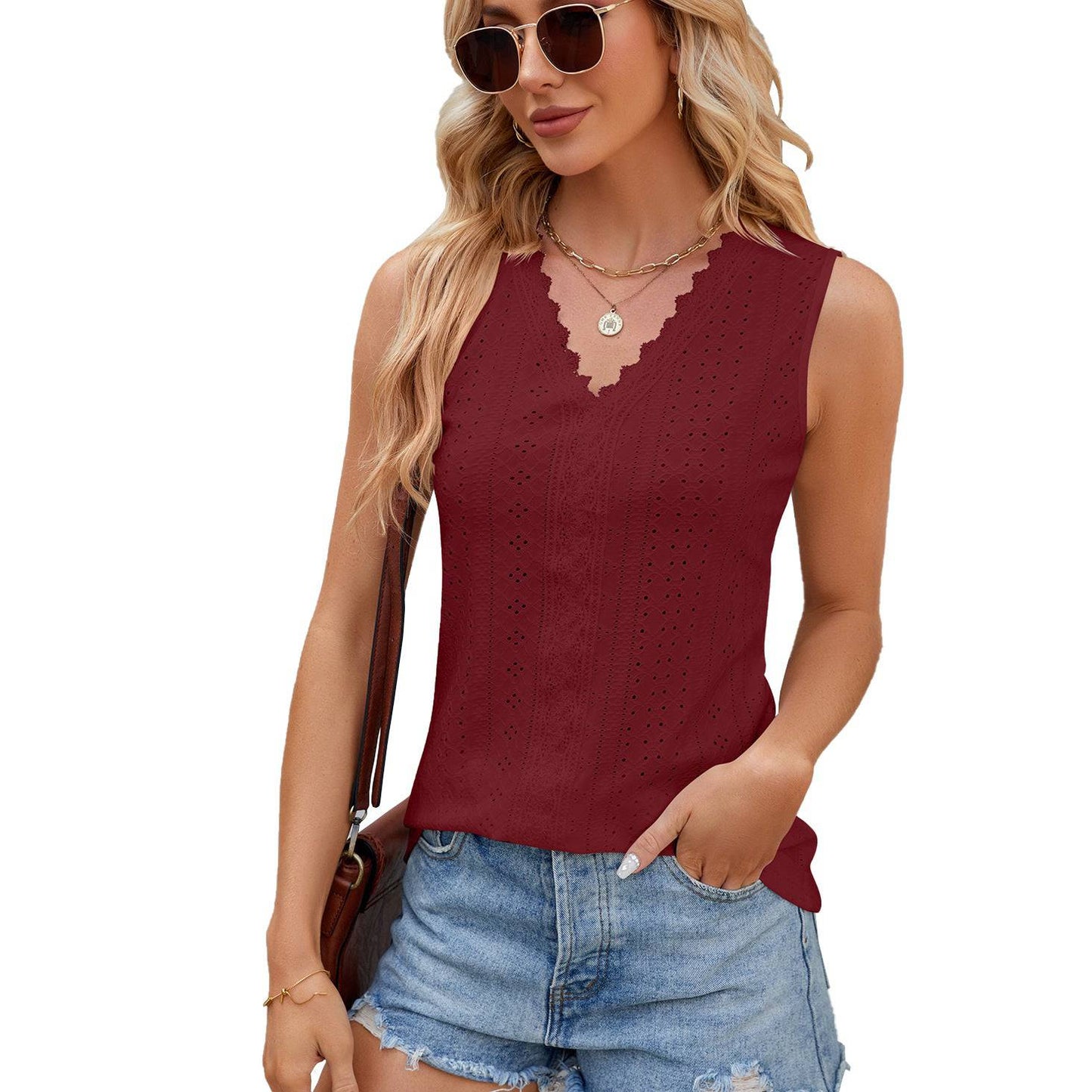 Loose-Fit Viscose Tank Top with Lace Trim and V-Neck  S Burgundy 