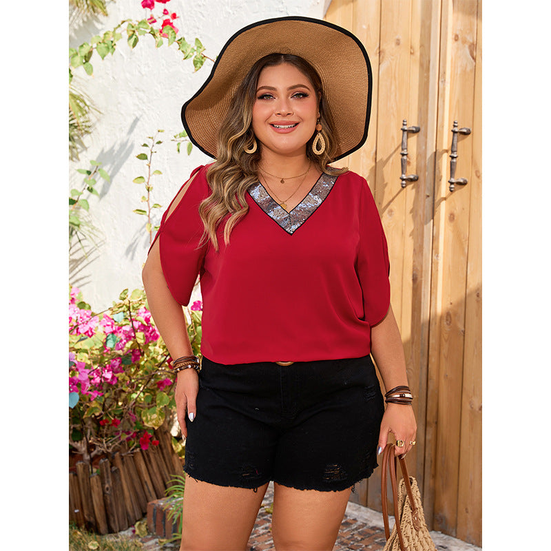 Plus Size Shirt Summer V neck Red Short Sleeve Top Loose Short Sleeve Shirt - Wild Amber Fashion