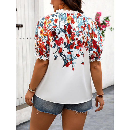 Plus Size Self Developed Designed Summer Floral Printed Chiffon Short Sleeved Shirt Puff Sleeve Shirt - Wild Amber Fashion