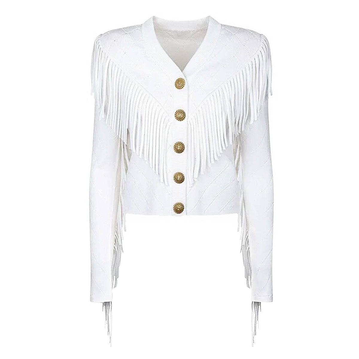 Elegant V-Neck Tassel Cardigan Top Woolen Coat for Women  S White 