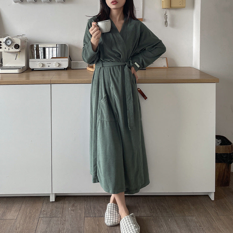 Korean Placket Nightgown Women's Design Autumn Winter Cotton Towel Material Warm Skin Friendly Cardigan Loose Pajamas  One Size Gray-Green 