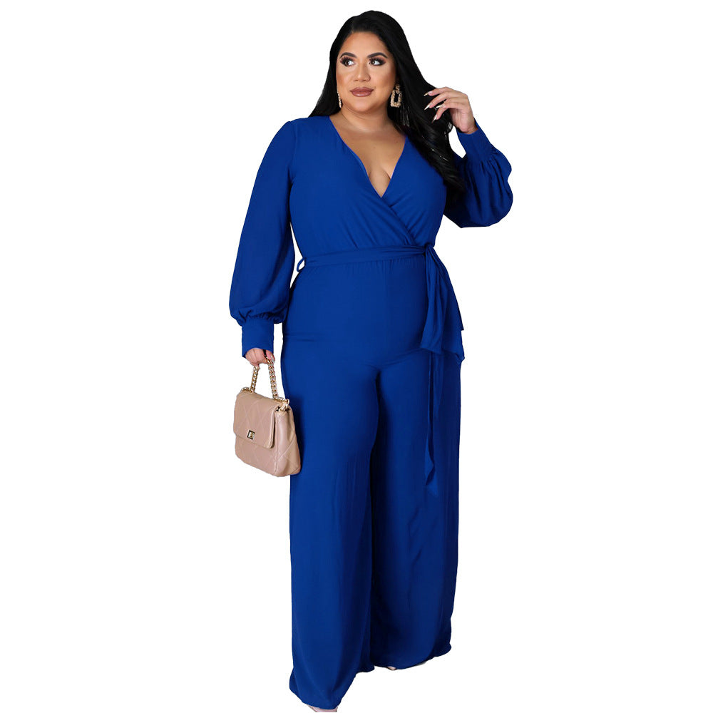 Plus Size Women Loose Straight Solid Color Belt Jumpsuit - Wild Amber Fashion