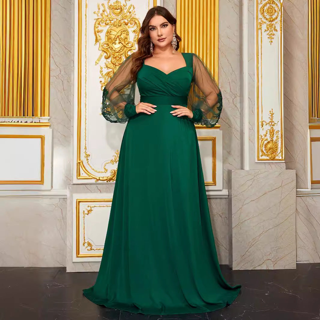 Plus Size Prom Evening Dress Diamond Collar Embroidered Mesh Long Sleeve Backless Fall Women Clothing Dress - Wild Amber Fashion