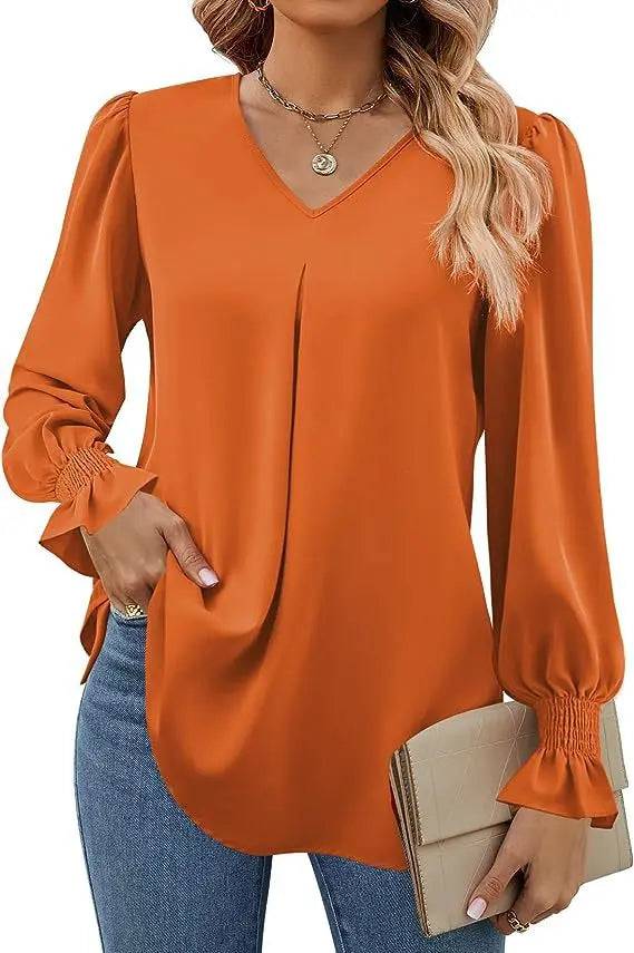 Elegant Loose Fit Chiffon V-Neck Ruffle Top with Lantern Sleeves  S Orange 