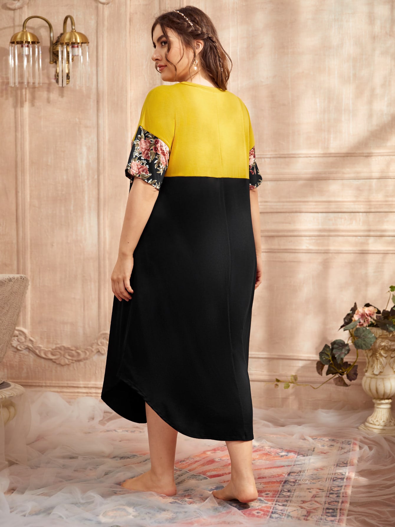 Plus Size Women Clothes Popular Irregular Asymmetric Hem Dress Stitching Printing Color Contrast Short Sleeve Pocket - Wild Amber Fashion