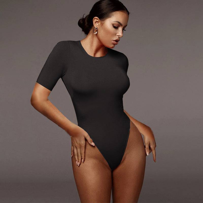 Summer Women's Slim Fit Crew Neck Short Sleeve Bodysuit in Polyester  S Black 