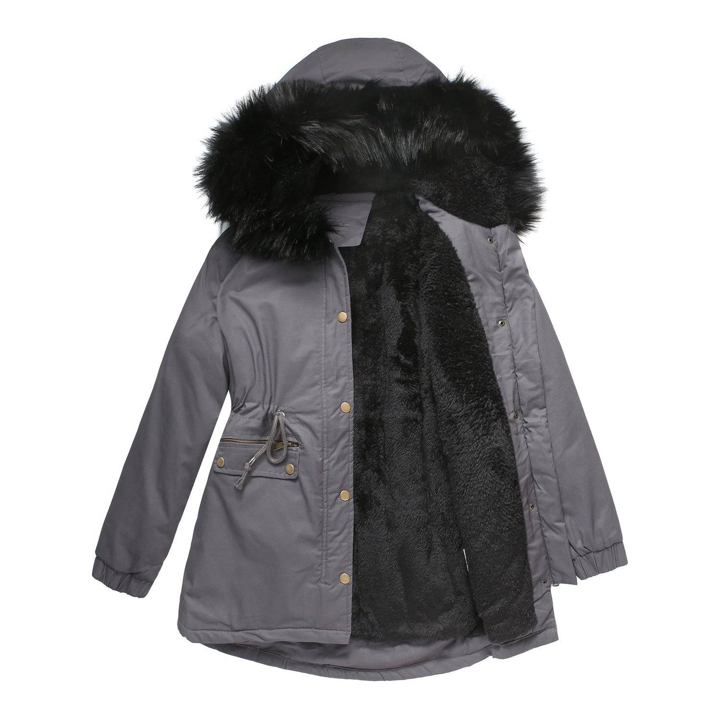 Warm and Stylish Plus Size Fur Collar Parka  S Cement Gray 