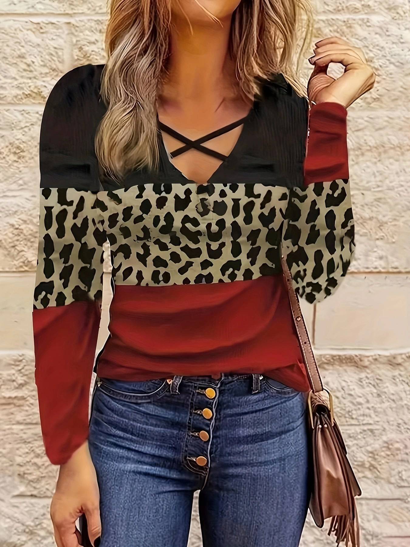 Leopard Print V-Neck Cotton Top for Women - Casual Long Sleeve Shirt with Cutout Detail  S Red 