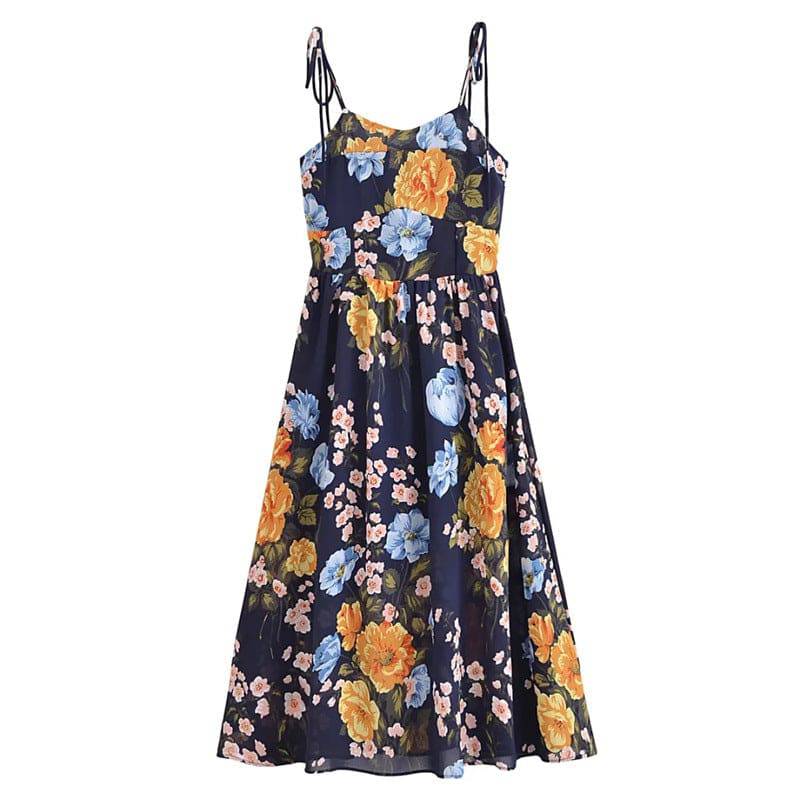 Floral Decoration Retro High Waist Midi Dress for Women  S Multi 