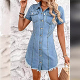 Retro Cinched Slimming Short Sleeves Denim Dress for women, perfect for casual summer outings with its stylish collar and pockets - Wild Amber Fashion