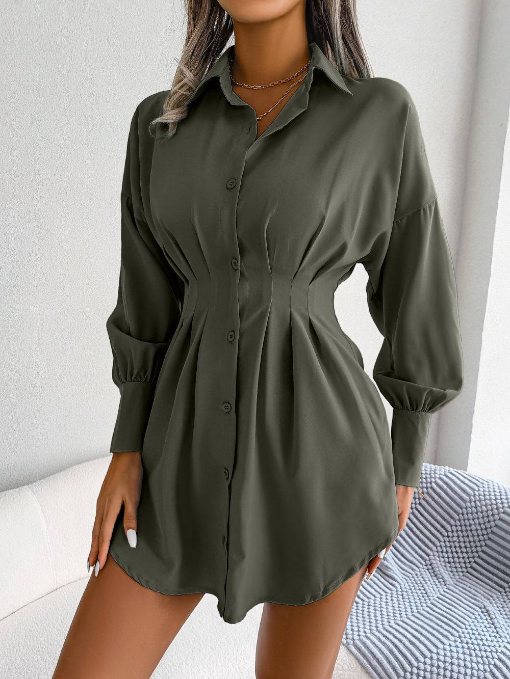 Stylish Asymmetric Shirt Dress: Perfect for Autumn-Winter Fashion-Oriented Women  S Army Green 