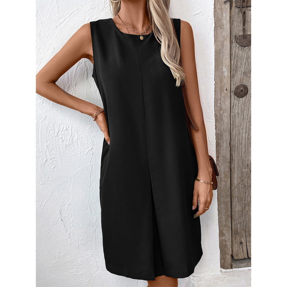 Women Clothing Office Dress Loose Sleeveless Round Neck Dress Women - Wild Amber Fashion