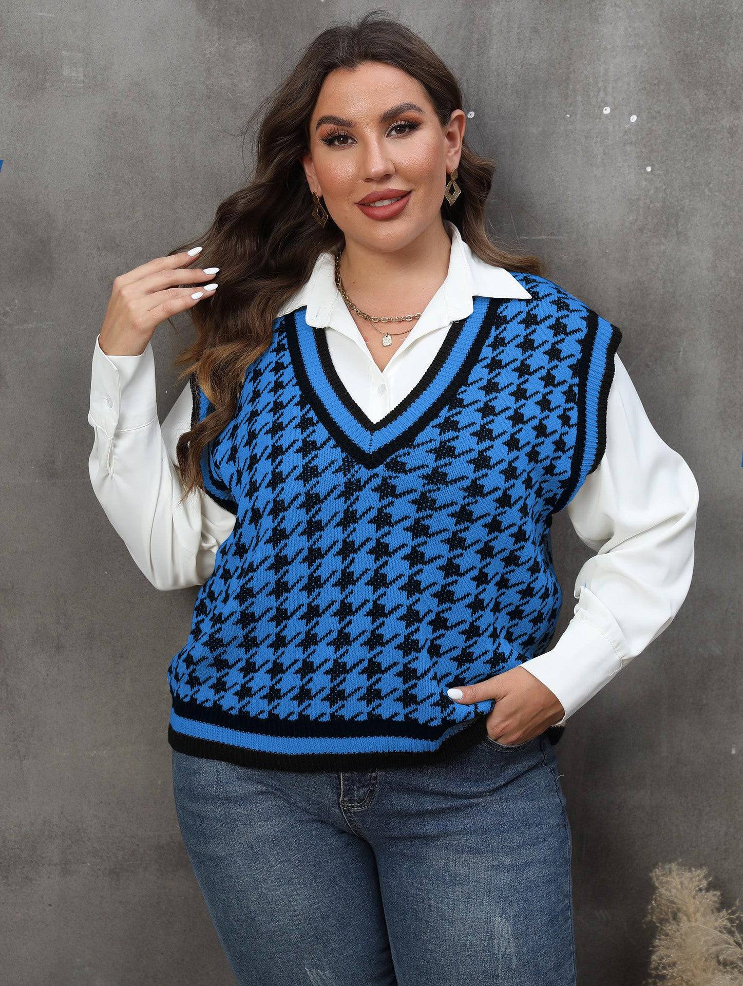 Plus Size Women Clothes Striped Color Contrast Patchwork Houndstooth Casual Vest Vest Top - Wild Amber Fashion