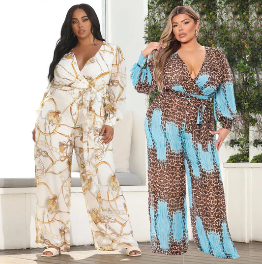 Plus Size Plus Size V neck Chiffon Jumpsuit Leopard Print Fashion Sexy Long with Belt - Wild Amber Fashion