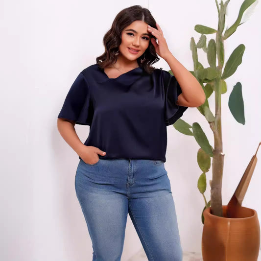 Plus Size Women Clothing Solid Color Satin Artificial Silk Pullover Oblique Shoulder Button Pleated Ruffle Sleeve Office Top Women Shirt - Wild Amber Fashion