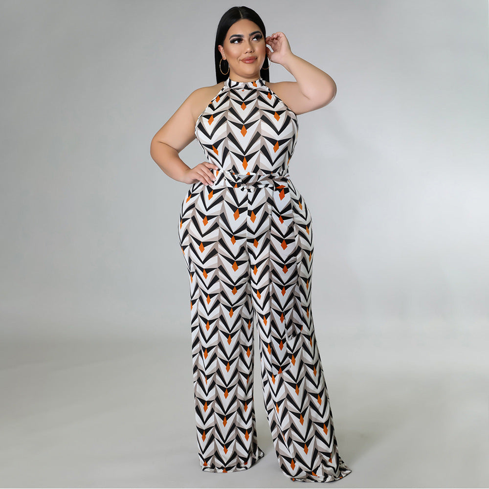 Plus Size Women Clothing Casual Halterneck Printed with Belt Jumpsuit - Wild Amber Fashion