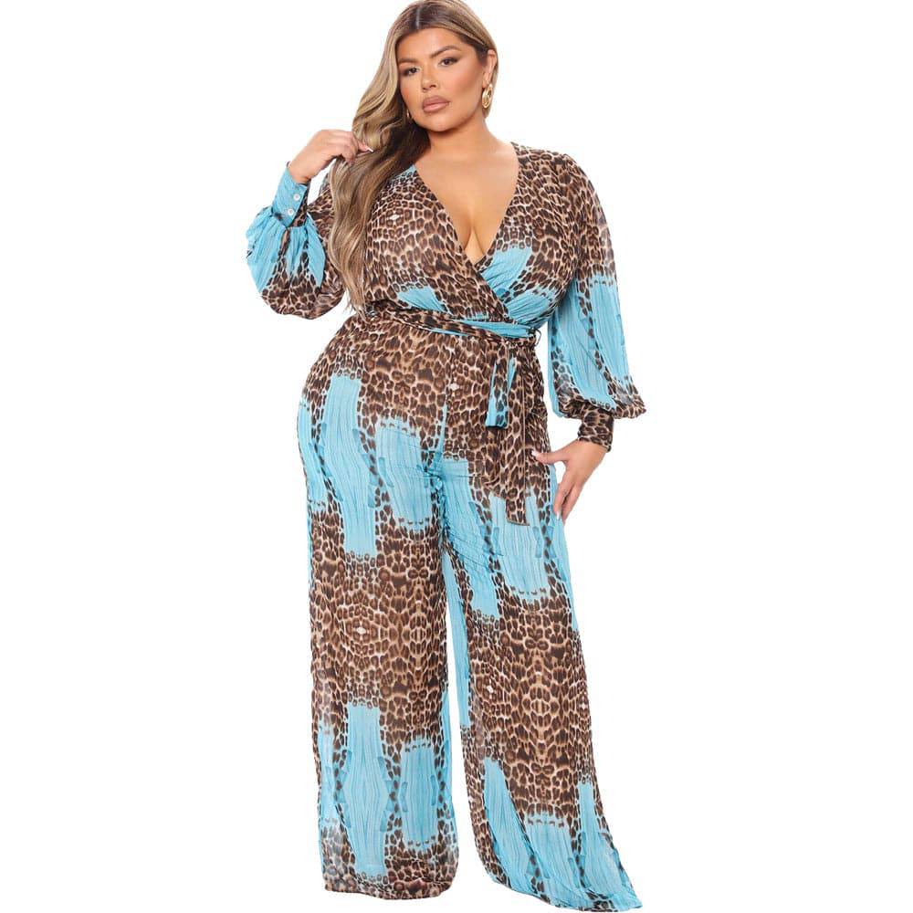 Plus Size Plus Size V neck Chiffon Jumpsuit Leopard Print Fashion Sexy Long with Belt - Wild Amber Fashion