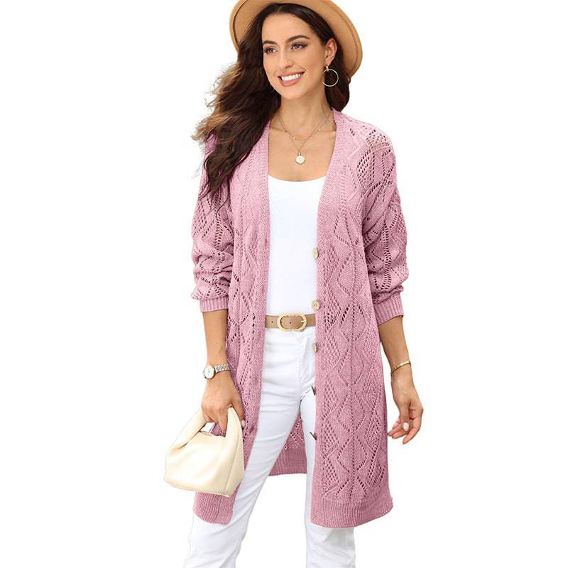 Elegant Solid Color Hollow Out Long Sleeve Cardigan for Women  S Pink 