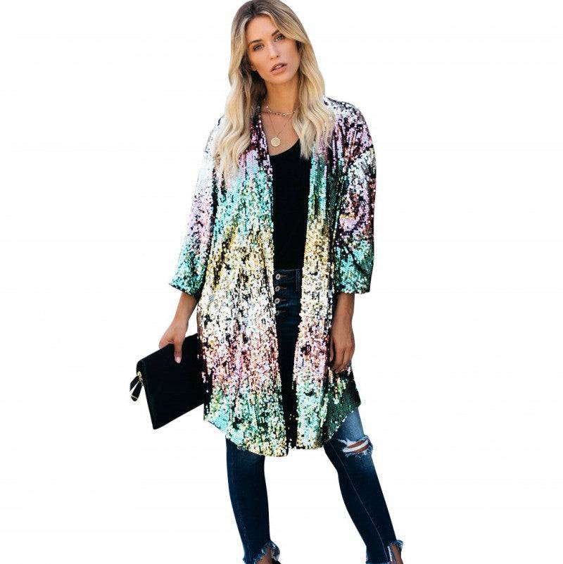 Sequined Print Polyester Trench Coat with Three-Quarter Sleeves for Women  S Color as Shown in the Picture 