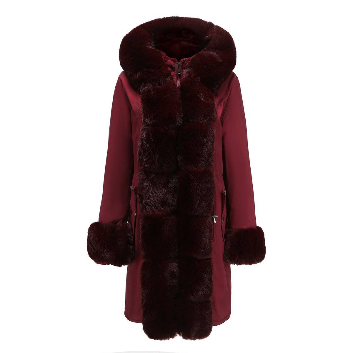 Women's Cozy Hooded Parka with Detachable Fur Collar  L Burgundy 