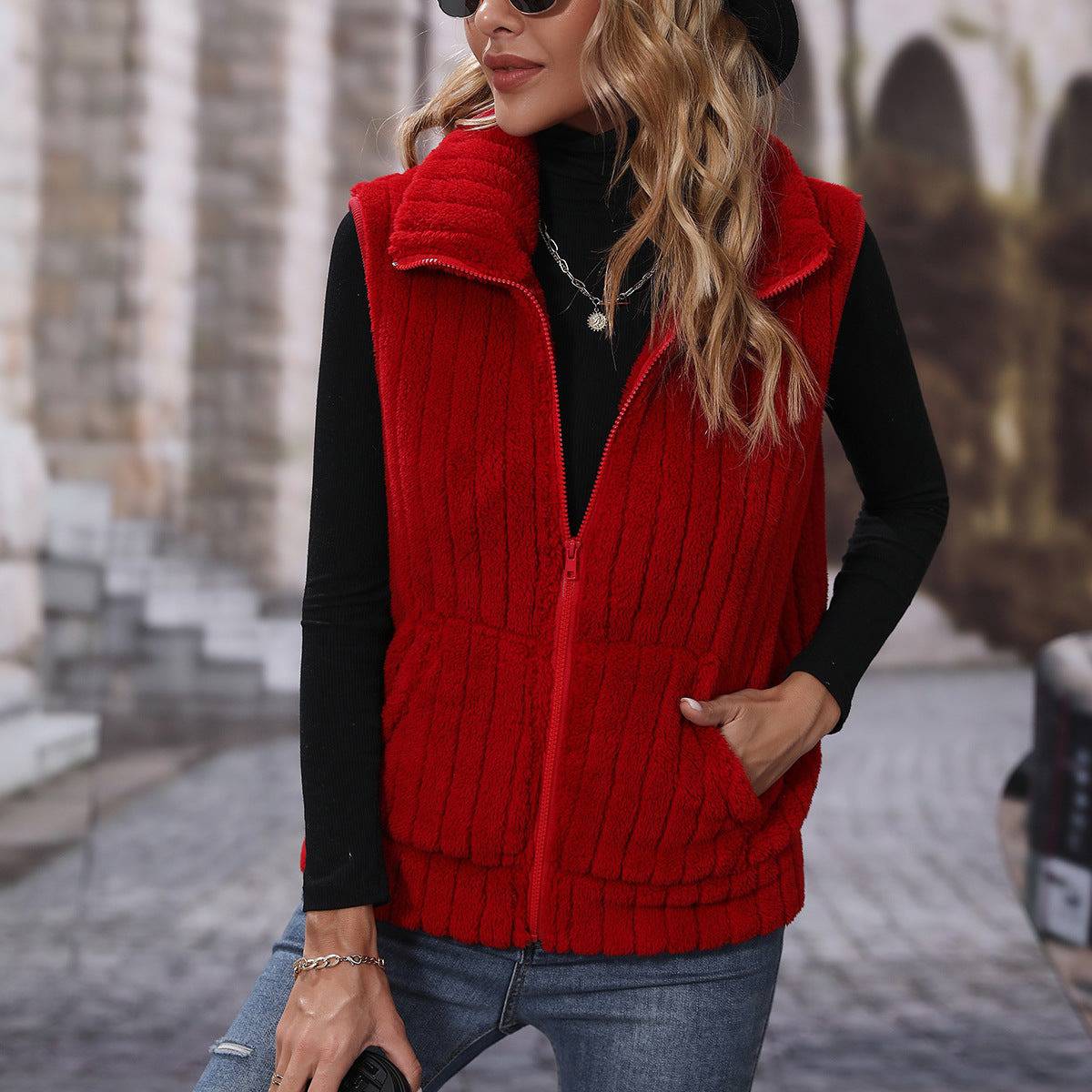 Striped Sleeveless Collared Casual Jacket for Women  S Red 