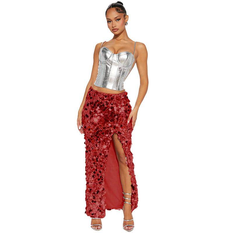 Sparkling Sequin Maxi Dress with Stylish Slit  S Red 