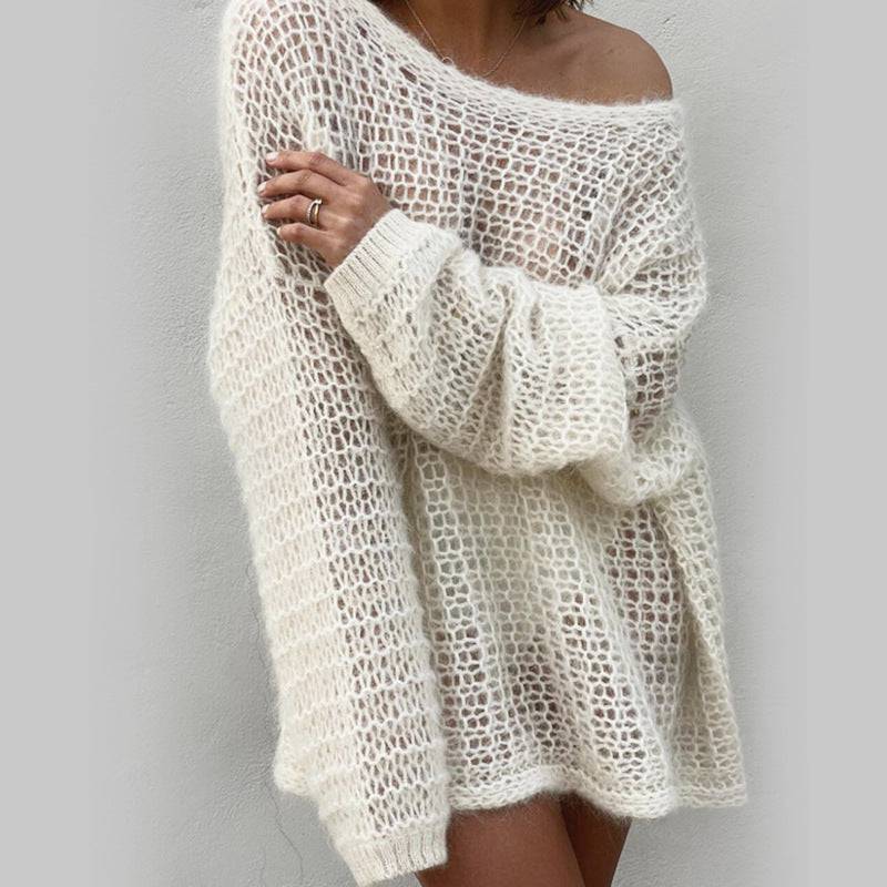 Fashionable Hollow Out Relaxed Sweater for Women  S Ivory 