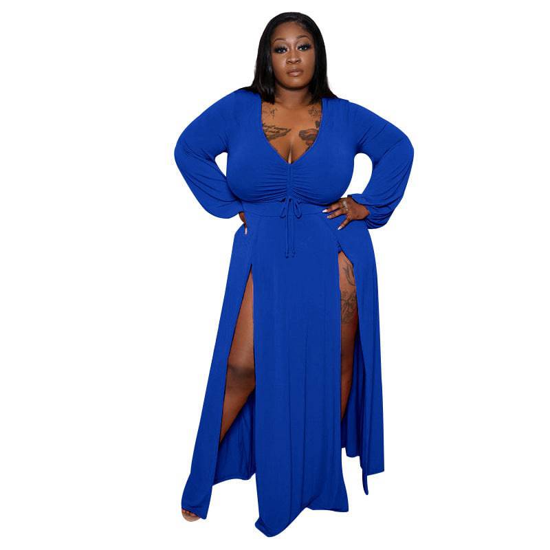 Flattering Plus Size Deep V-Neck Long Sleeve Dress for Spring and Summer  XL Color Blue 