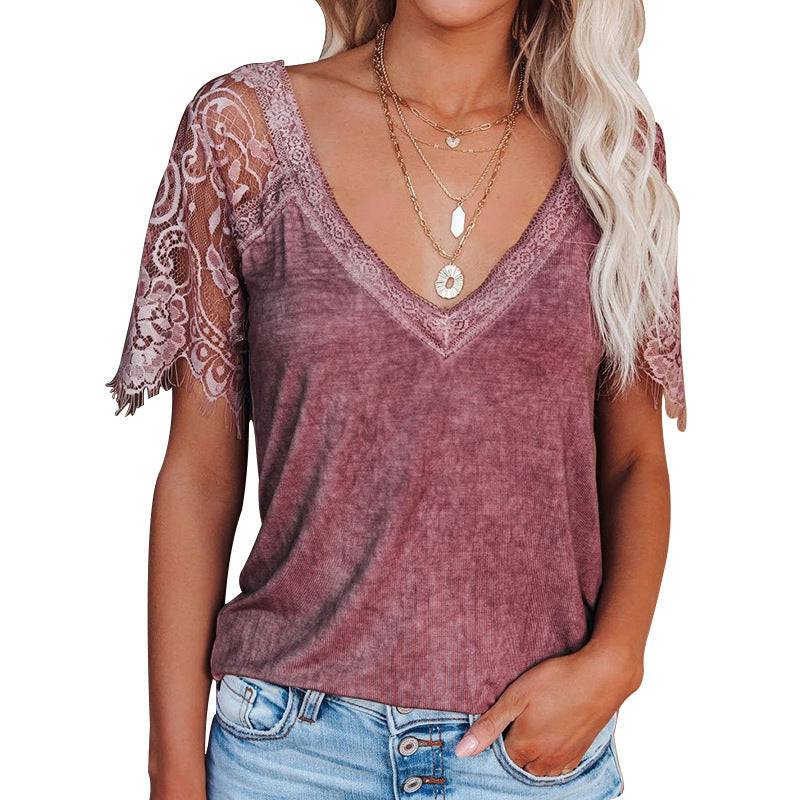 Elegant V-Neck Lace and Feather Detail Women's Top  S Red 