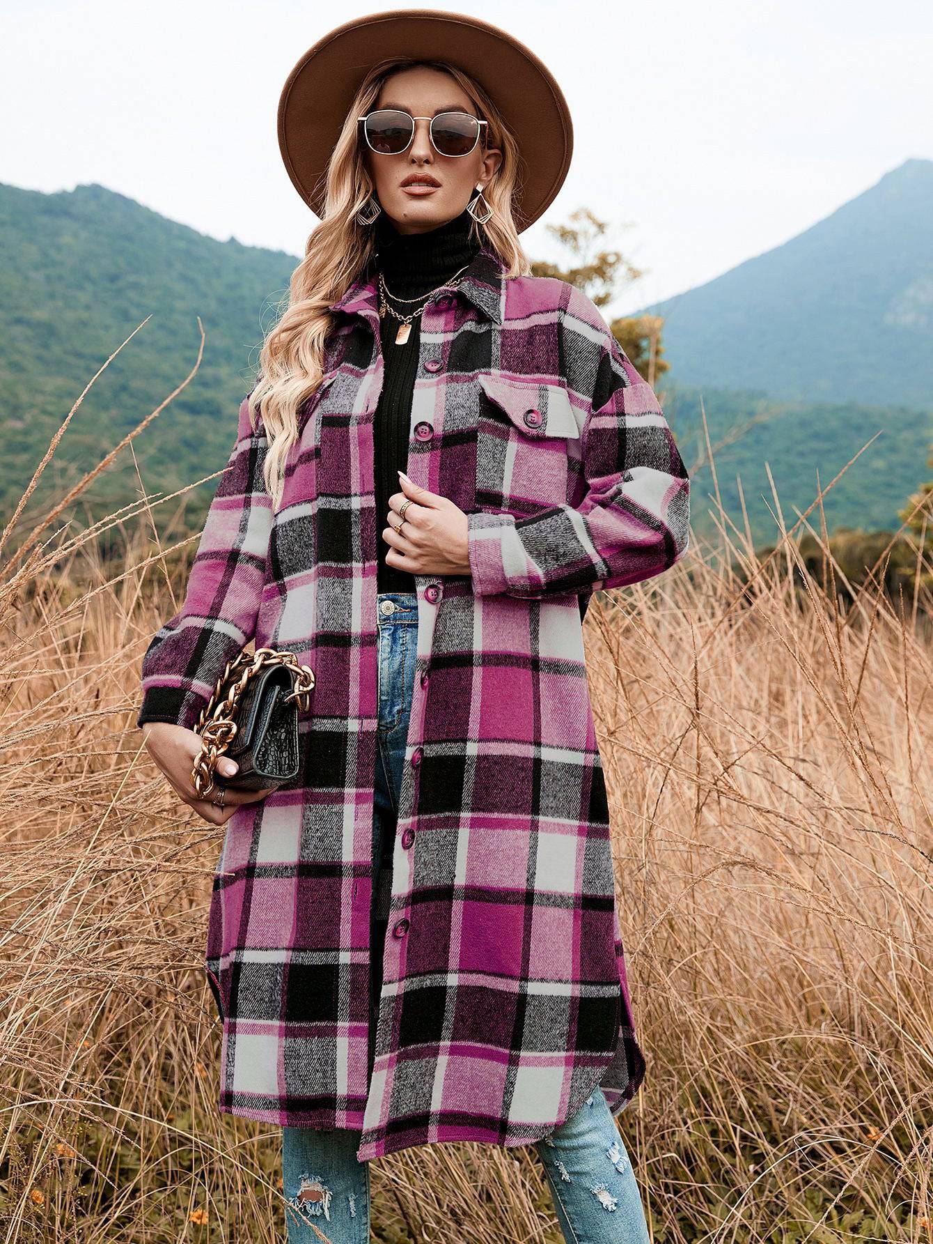 Women's Classic Check Plaid Trench Coat for Autumn and Winter  S Coral Red 