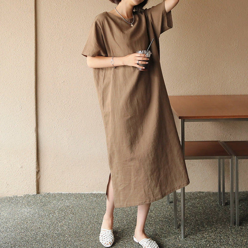 Spring Summer Dress Cotton Linen Niche Women Clothing Cotton Short Sleeve Casual Simple Loose Maxi Dress - Wild Amber Fashion