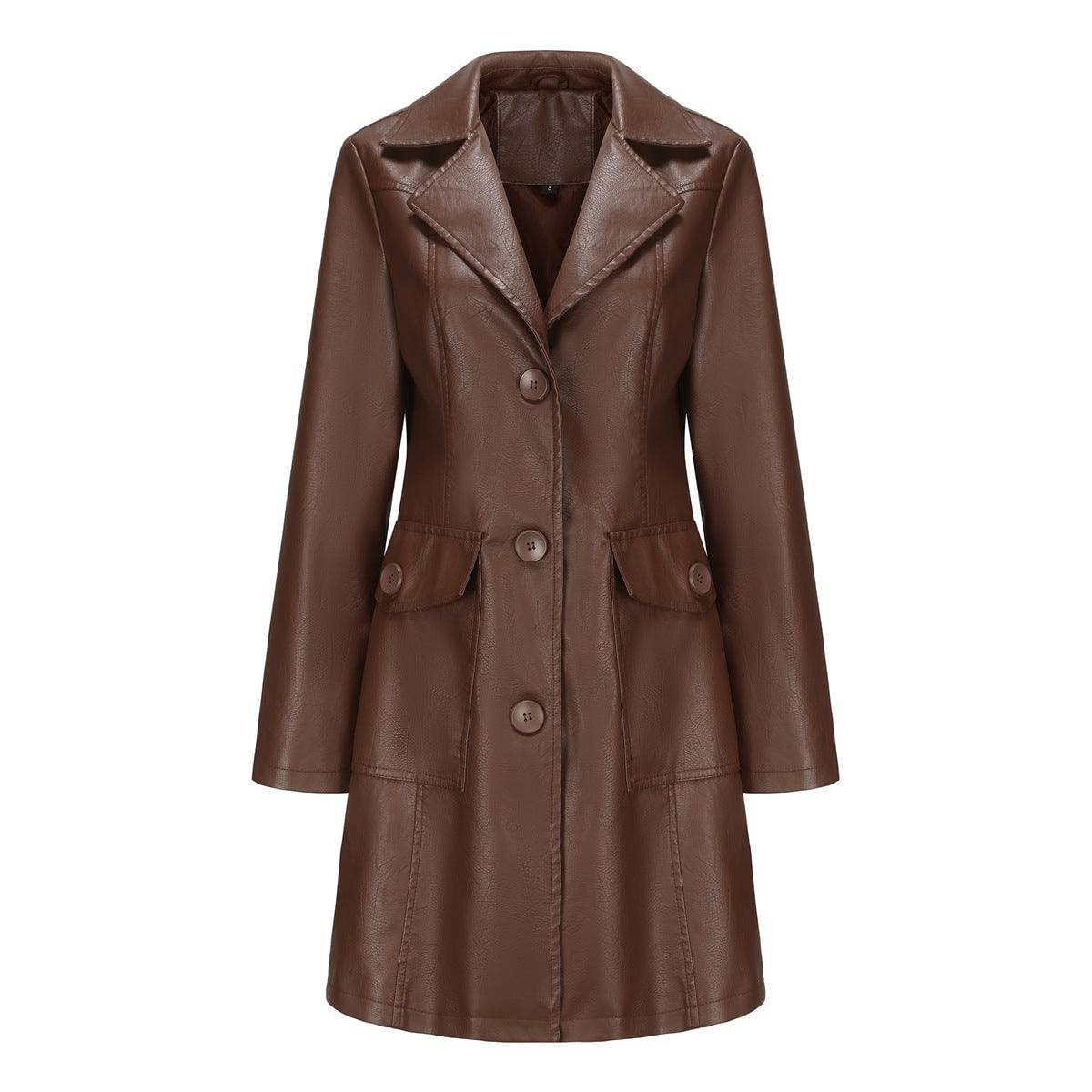 Long Leather Coat Spring Autumn Long Sleeve Leather Wind Coat British Coat Women Collared Single Breasted  S Coffee 