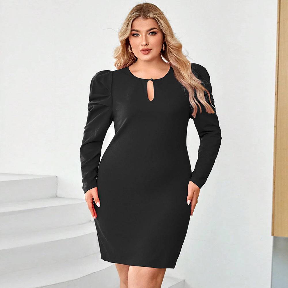 Elegant Plus Size Cutout Waist Sheath Dress with Gigot Sleeves  1XL Black 