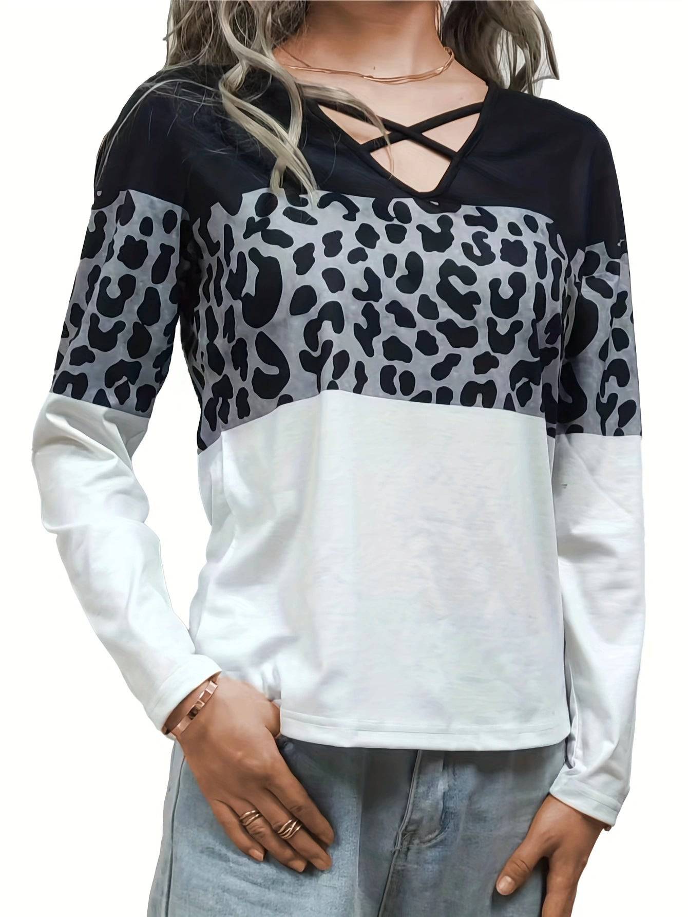 Leopard Print V-Neck Cotton Top for Women - Casual Long Sleeve Shirt with Cutout Detail  S Gray 