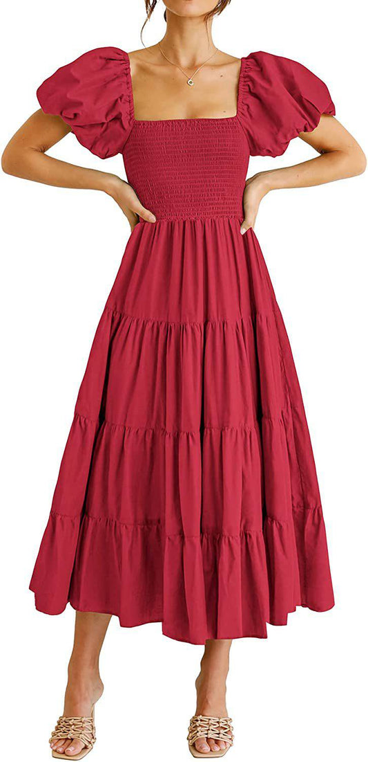 Square Neckline Backless Puff Sleeve Summer Maxi Dress  S Red 