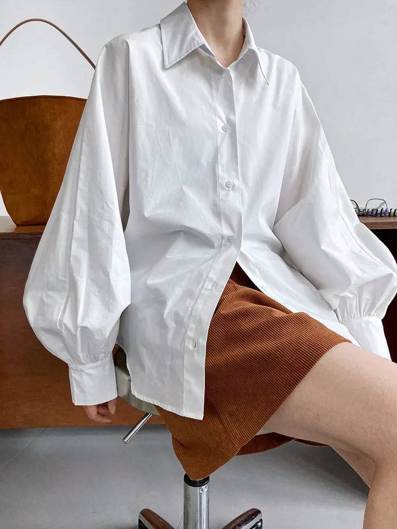 Spring Loose Fit Lantern Sleeve Shirt Top for Women  M White 