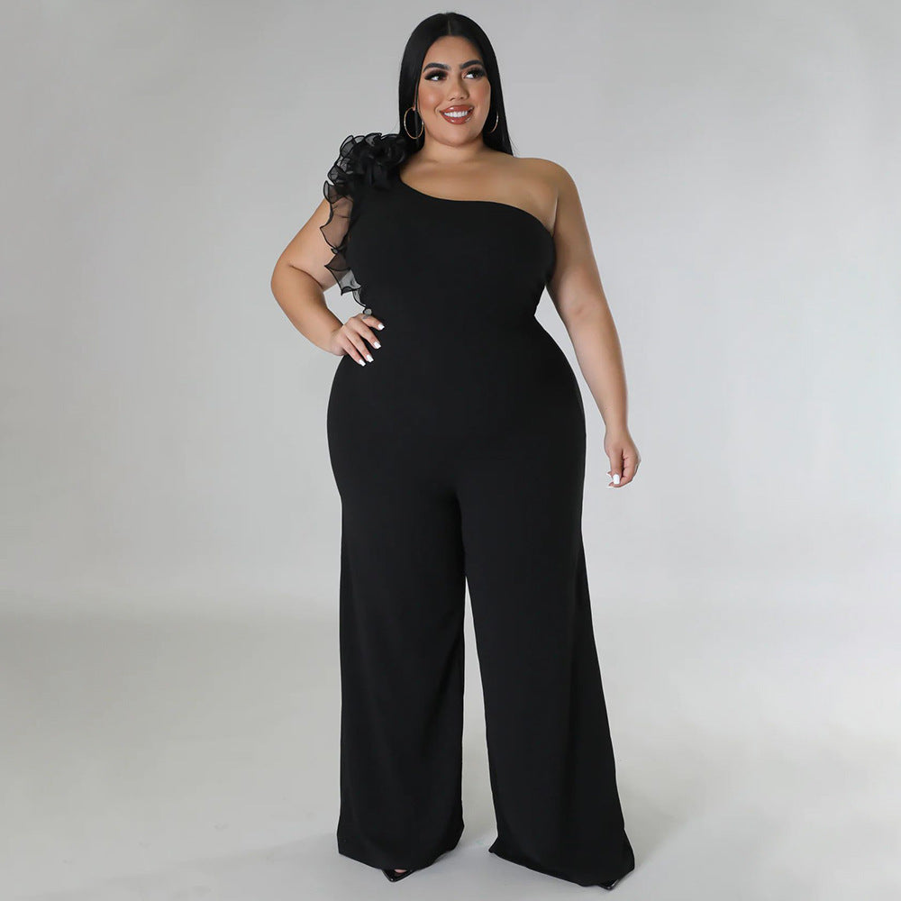 Plus Size Women Clothes One Shoulder Voile Wide Leg Pants for Women - Wild Amber Fashion