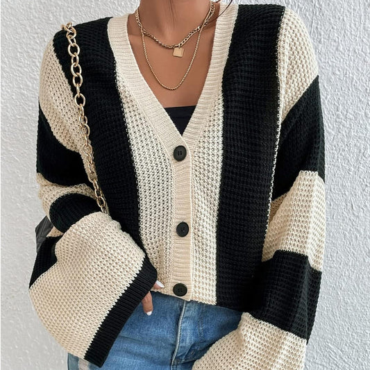 Top Product Autumn Winter Women Striped Contrast Color Bell Sleeve Knitted Cardigan Loose Sweater Coat Women - Wild Amber Fashion