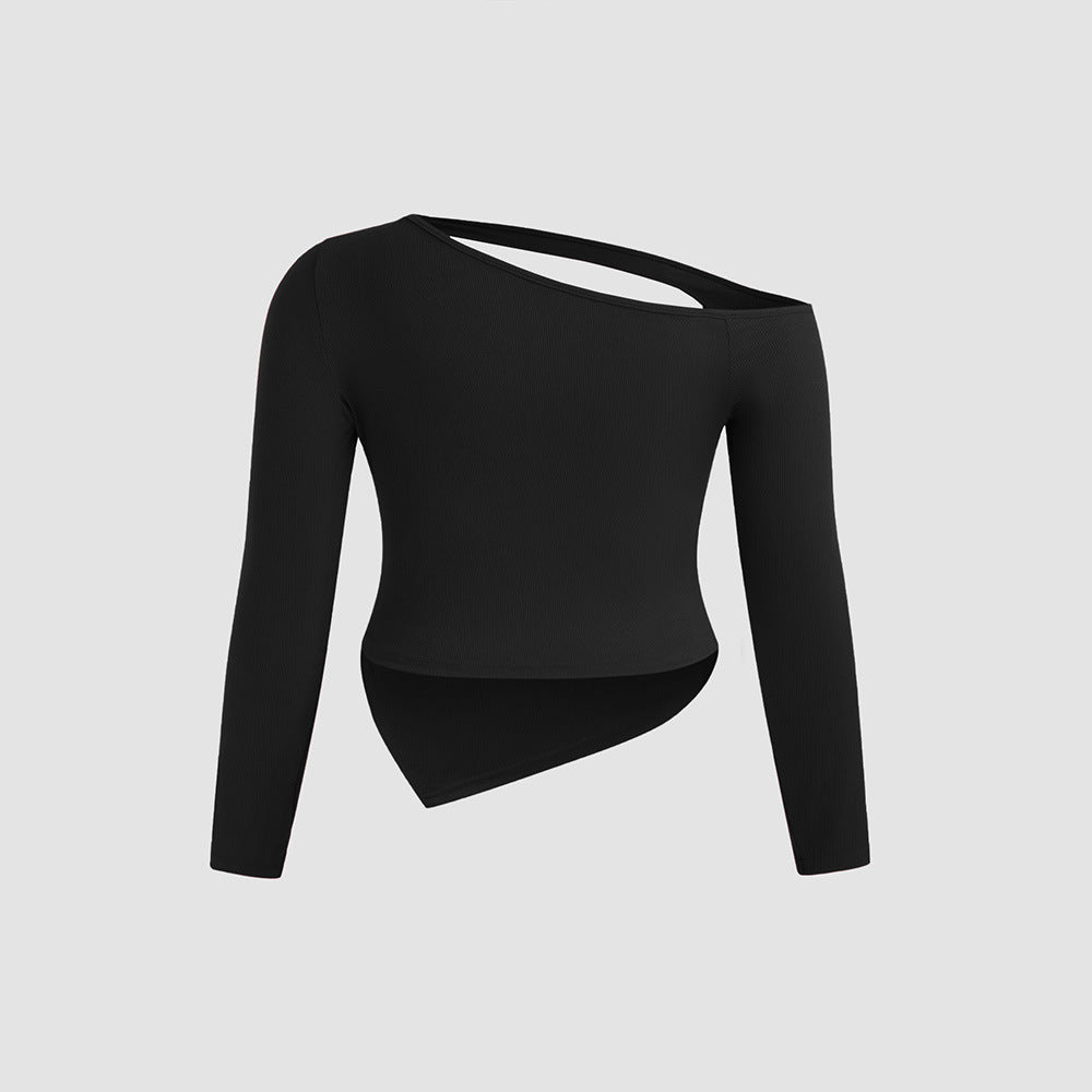 Plus Size Autumn Winter Women Clothing Diagonal Collar T shirt Slim Fit Cold Shoulder Long Sleeve Top - Wild Amber Fashion