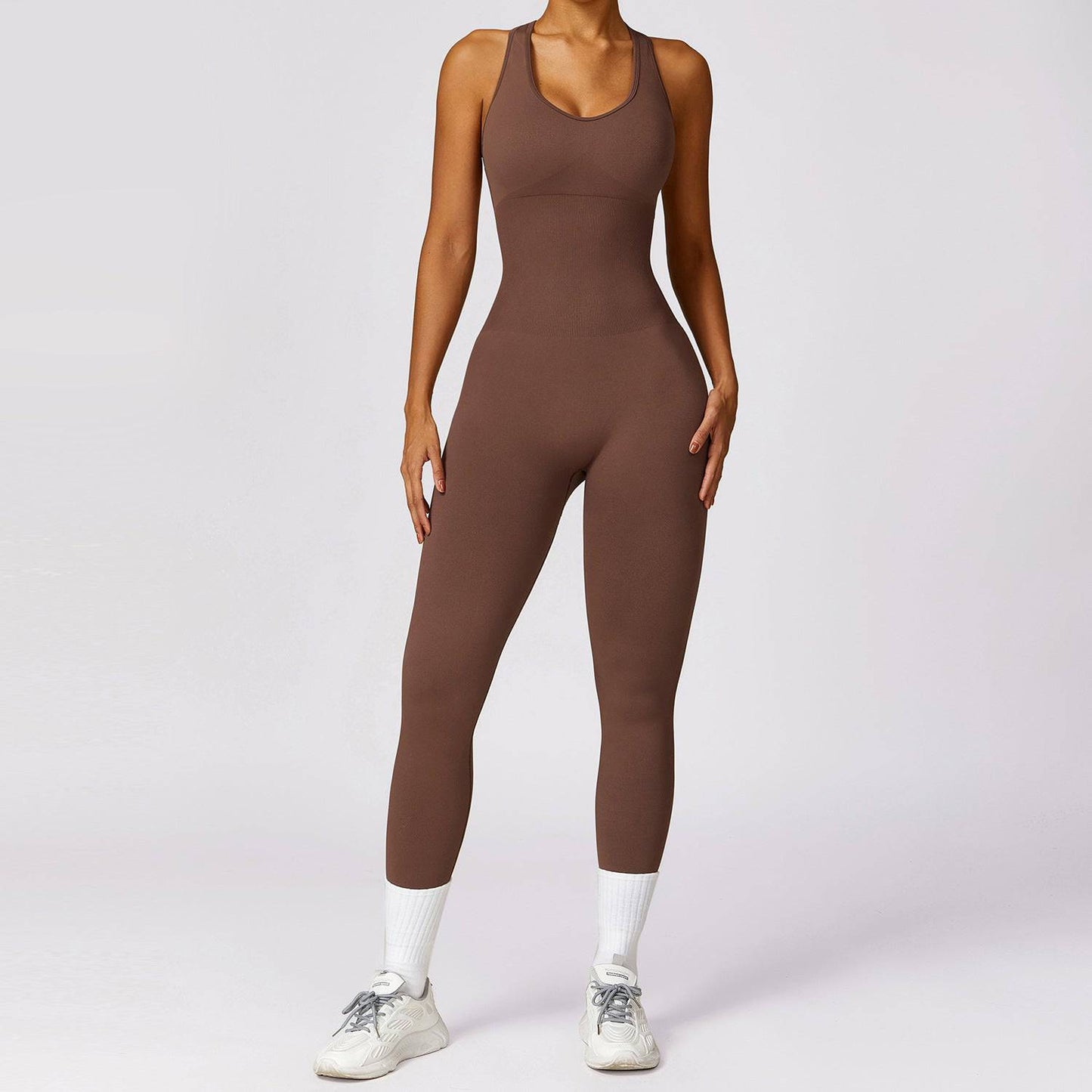 Spring Gym Seamless Yoga Jumpsuit for Women with Core Support and Back Shaping  S Dark Brown 