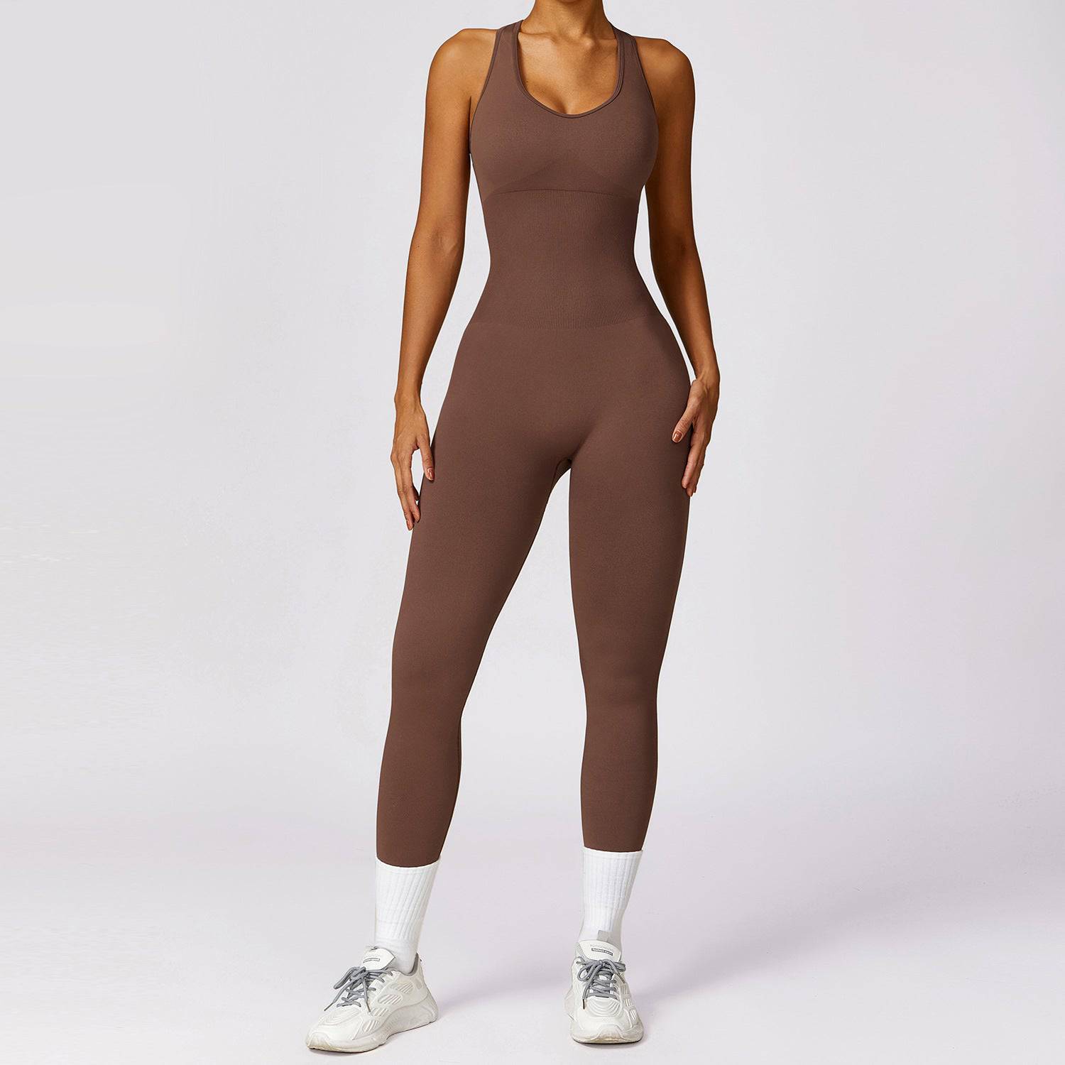 Spring Gym Seamless Yoga Jumpsuit for Women with Core Support and Back Shaping  S Dark Brown 