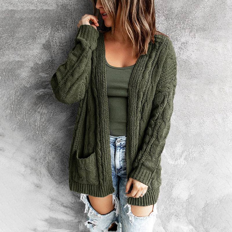 Solid Color Twist Knitted Cardigan Coat for Women - Autumn Winter Sweater with Pockets  S Army Green 