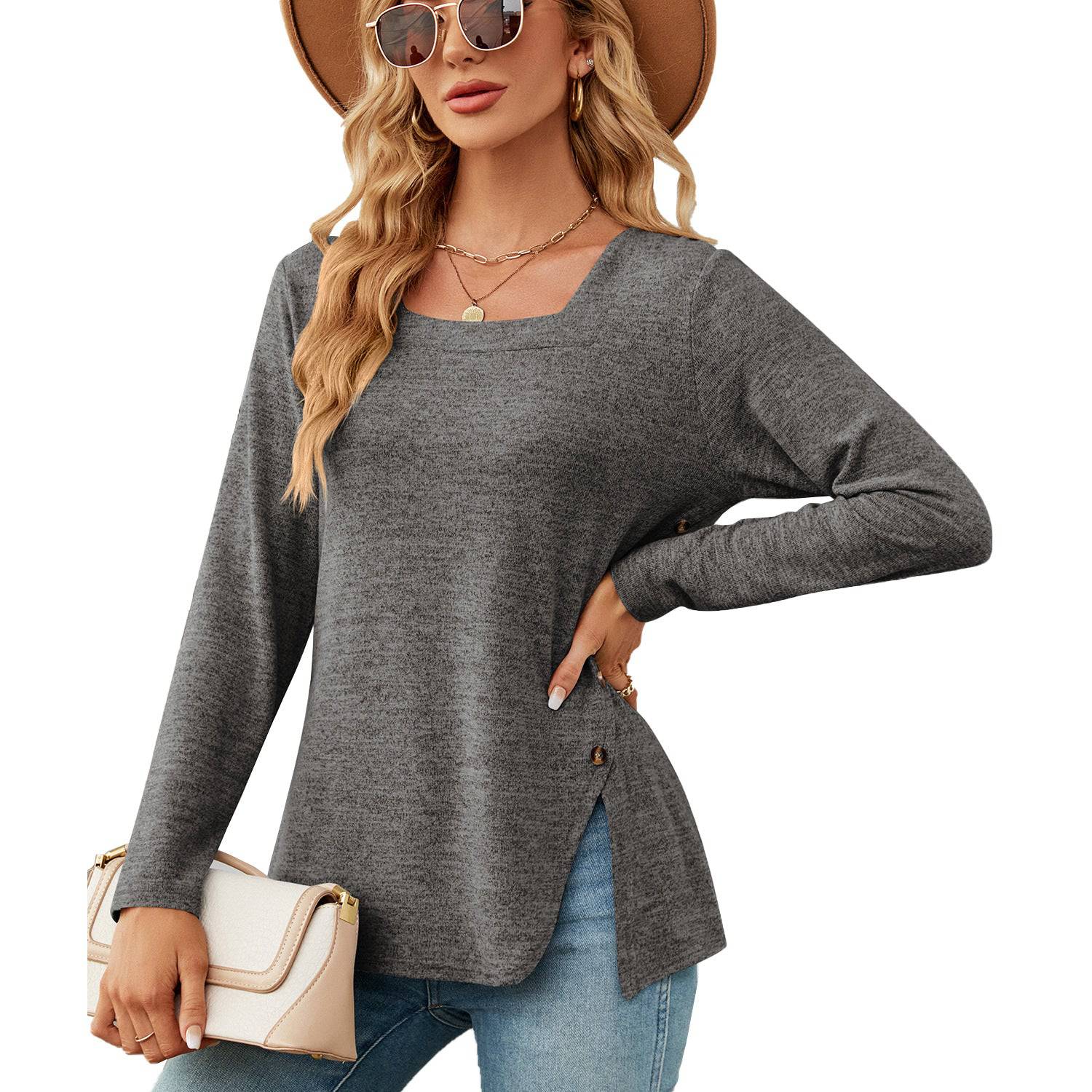 Elegant Square Collar Long Sleeve T-shirt for Women  S Dark Grey 