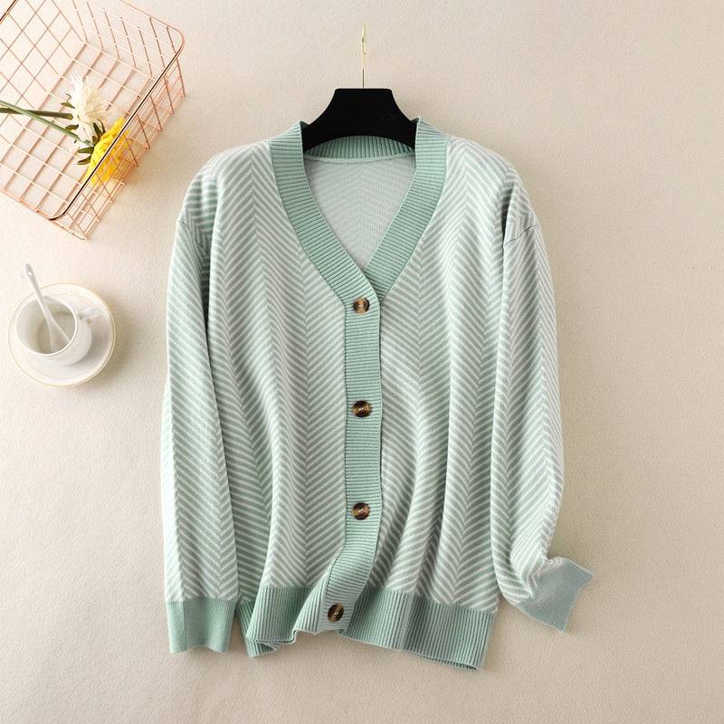 V-Neck Striped Sweater Jacket for Women  One Size Light Green 