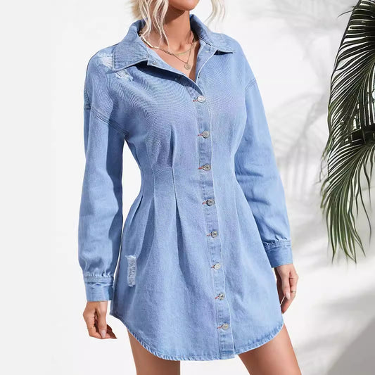 Waist Controlled Slimming Long Sleeve Denim Dress Women - Wild Amber Fashion