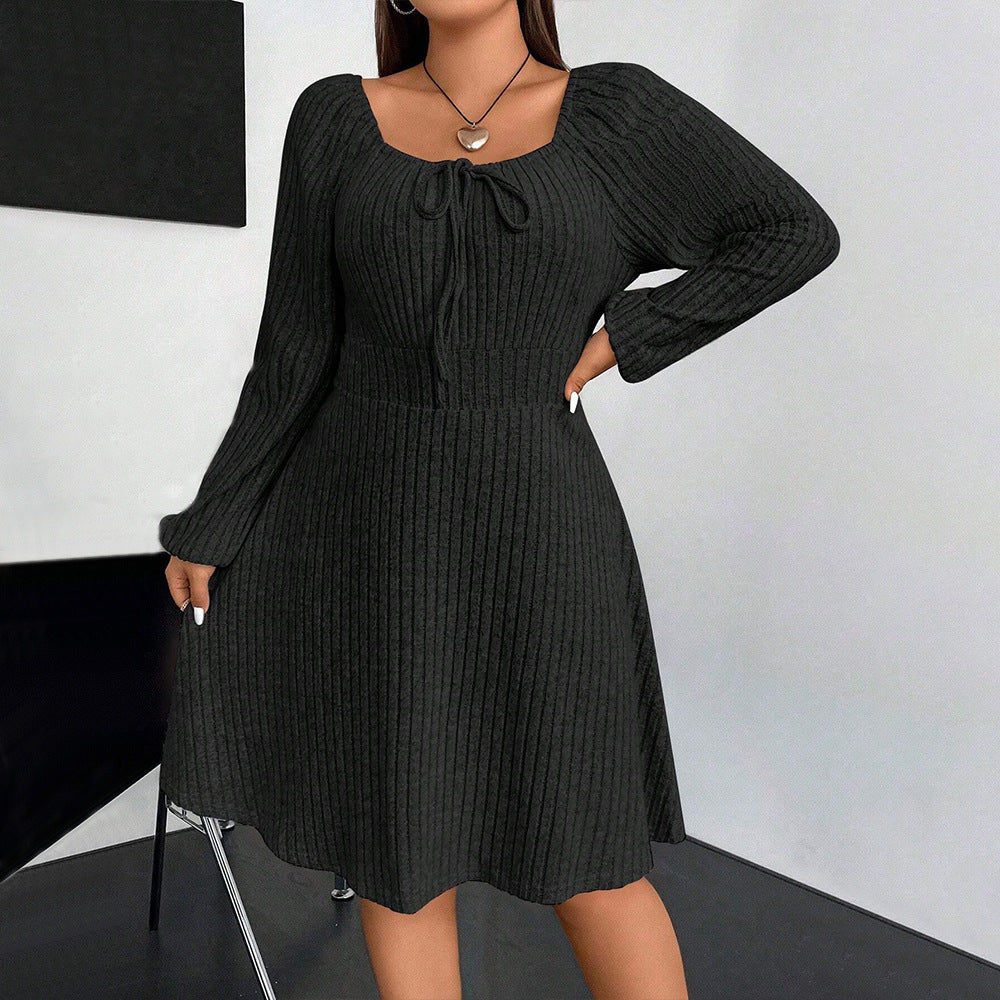 Plus Size Autumn Winter Women Clothing Square Collar Long Sleeve Waist Mini Fleece Sunken Stripe Dress - Wild Amber Fashion