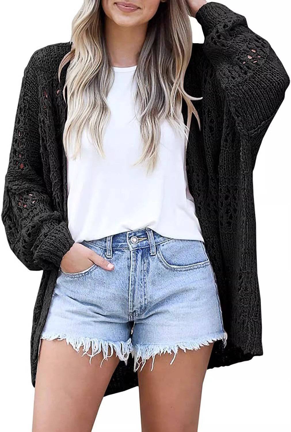 Bohemian Crochet Coat Hollow Out Cutout out Solid Color Women Knitted Cardigan - Wild Amber Fashion