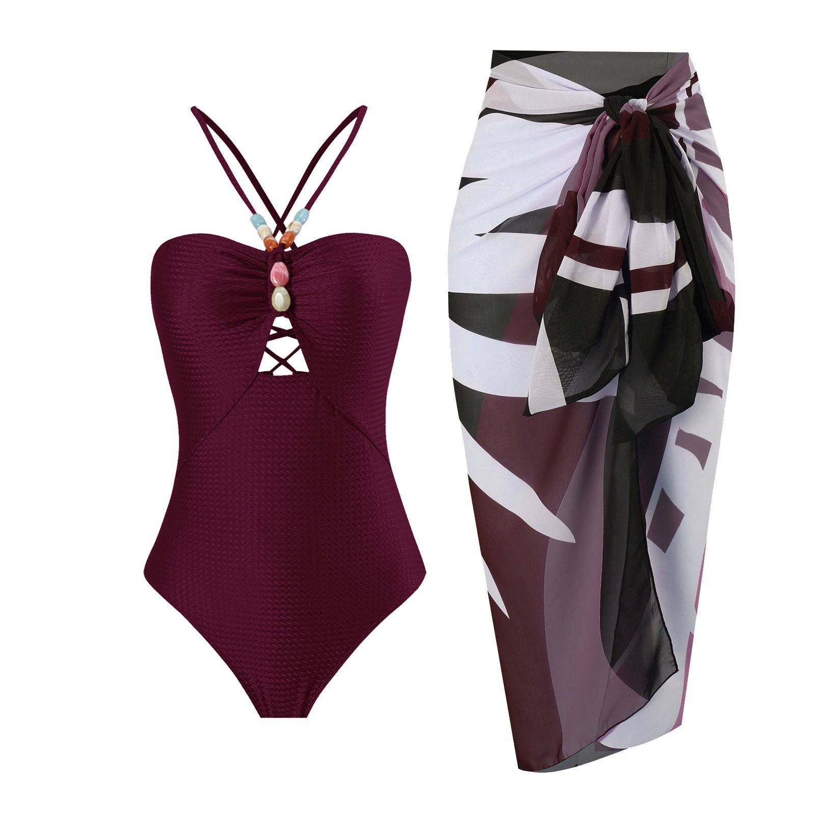 French Retro Boho One-Piece Swimsuit with Belly Coverage for Women  S Wine Red Suit 