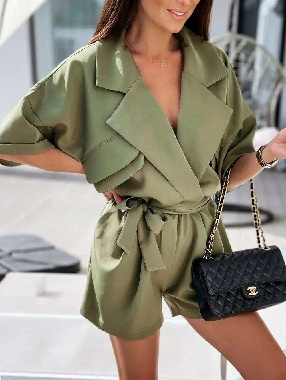 Flirty Collared Batwing Sleeve Romper with Belt for Women's Summer Wear  S Army Green 