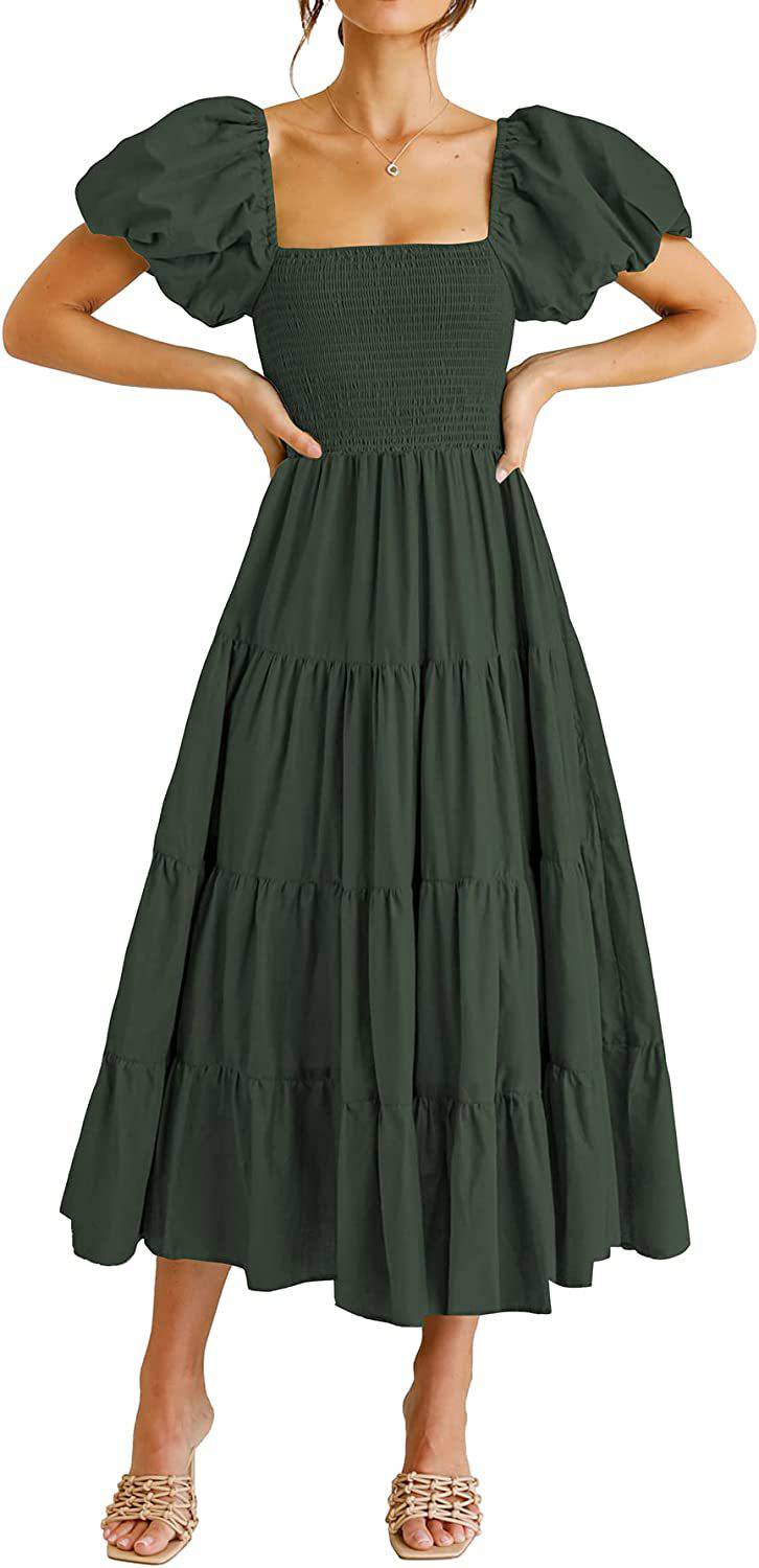 Square Neckline Backless Puff Sleeve Summer Maxi Dress  S Army Green 